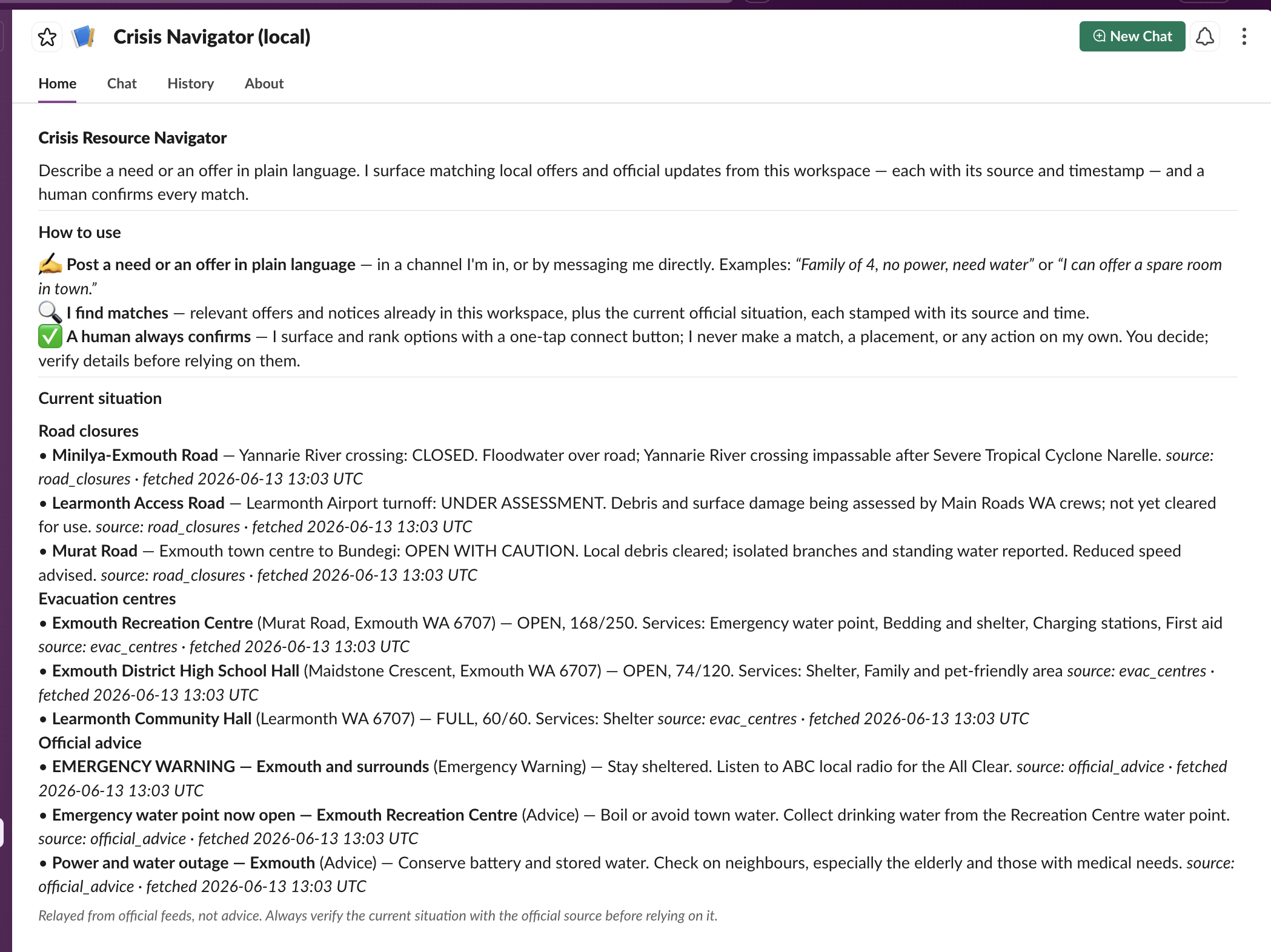 Real Slack screenshot: the branded App Home tab — what the agent does, how to use it, the human-confirms note, and a live official situation snapshot.