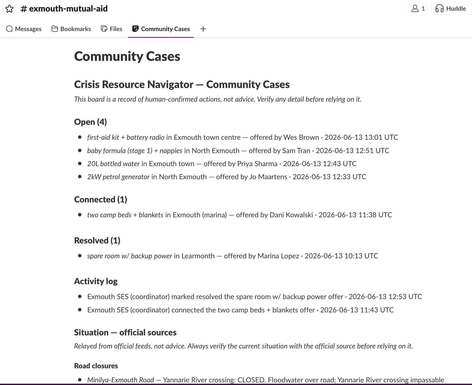 Real Slack screenshot: the coordinator board Canvas showing community cases grouped by status, the activity log, and the official Situation section.