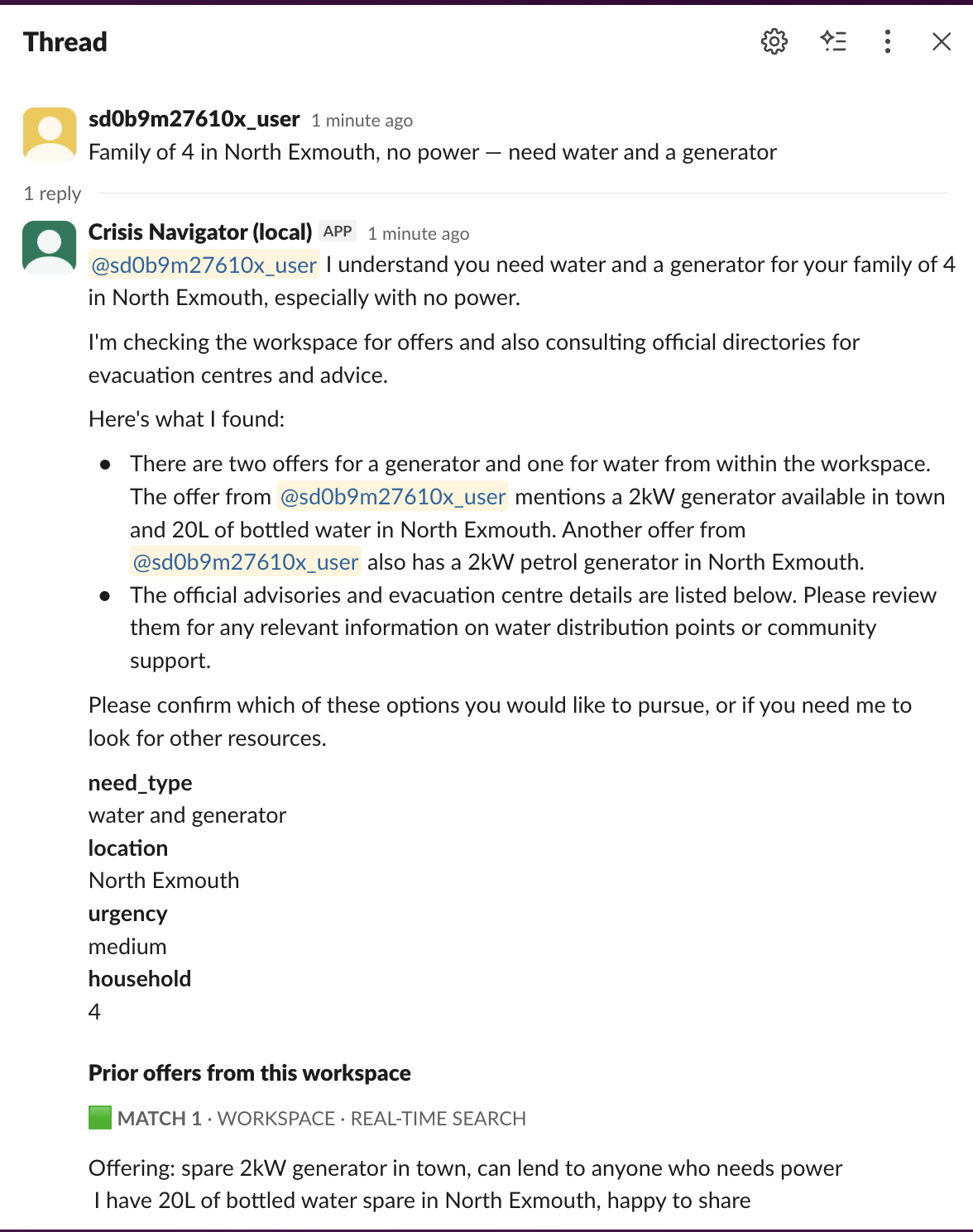 Real Slack screenshot: a resident posts a water + generator need in the crisis channel; the agent replies with a workspace match card and an Official information water-point card, each sourced and UTC-stamped.